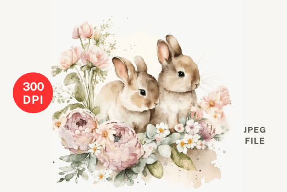 Easter Bunnies with Flowers Illustrations